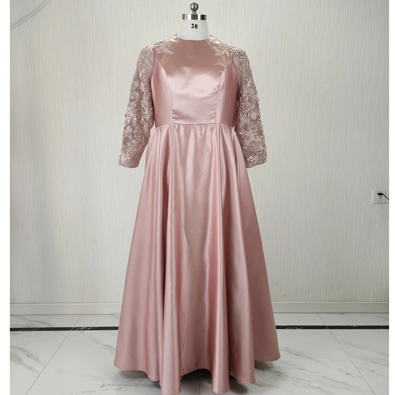 

Real Photo Customized Muslim Evening Dress Modest O-neck Full Sleeves Beads Dusty Pink A-line Women Party Formal Gowns Plus size