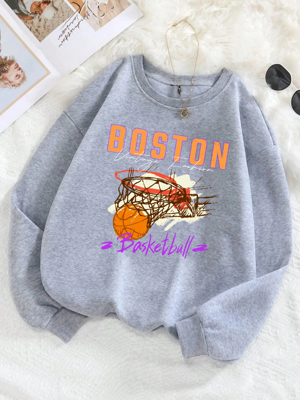 Street Men Woman Hoodie Boston Basketball Printing Sweatshirt Fleece Warm Loose Crewneck Pullover Autumn Casual Couple Clothes