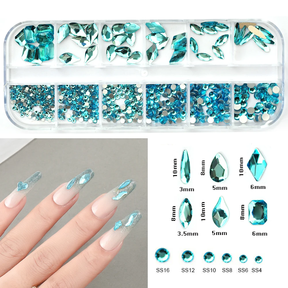 12 griglie forme miste accessori per unghie acquamarina strass Glitter Diamond Nail Art decorazione pietre per Manicure fai da te Design