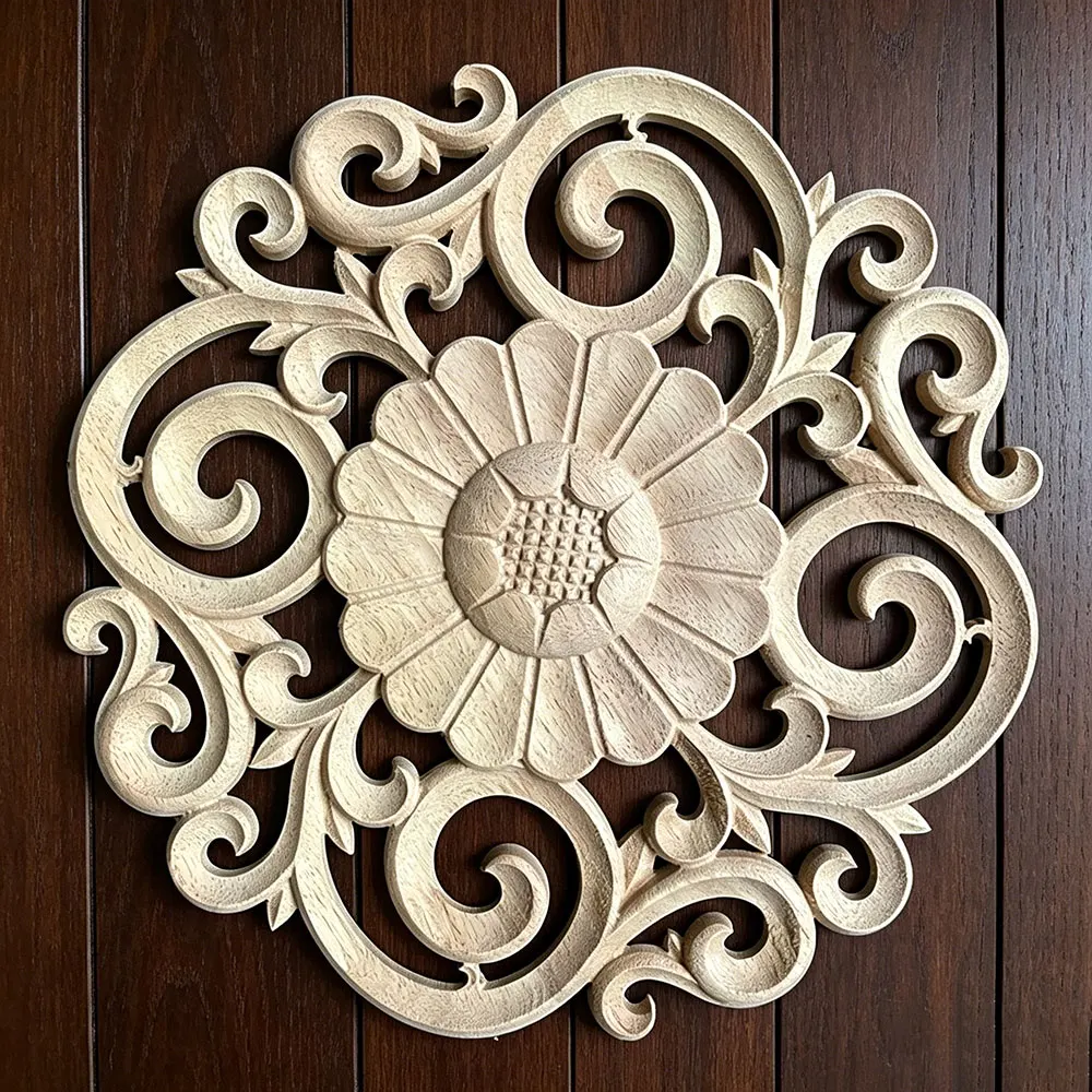 10cm-30cm-彫刻花柄丸型木製アップリケ-家具キャビネット用-未塗装木製モールディング-デカール装飾置物