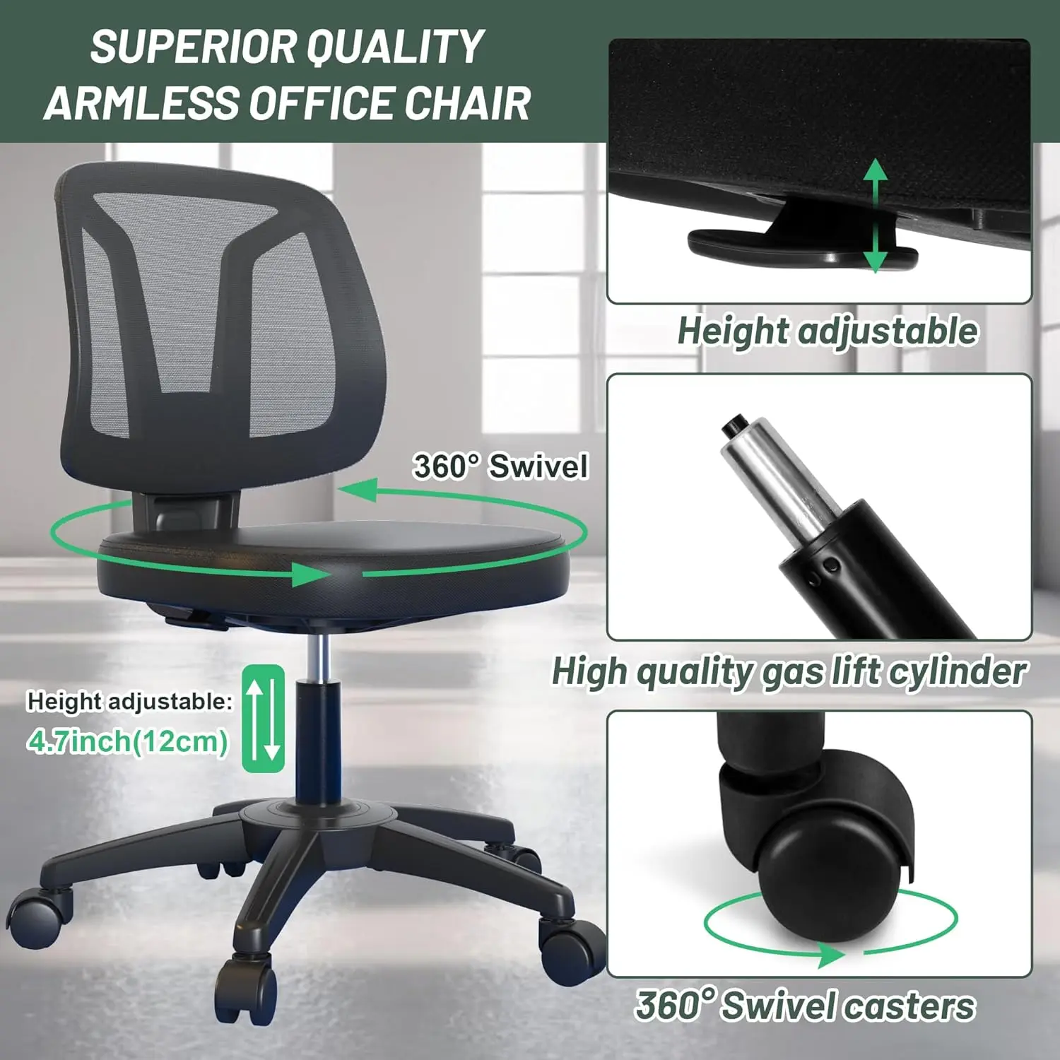 

Small Armless Cute Home Office Computer Desk Task Office Chair With Adjustable Height For Home Child Adult Work Study