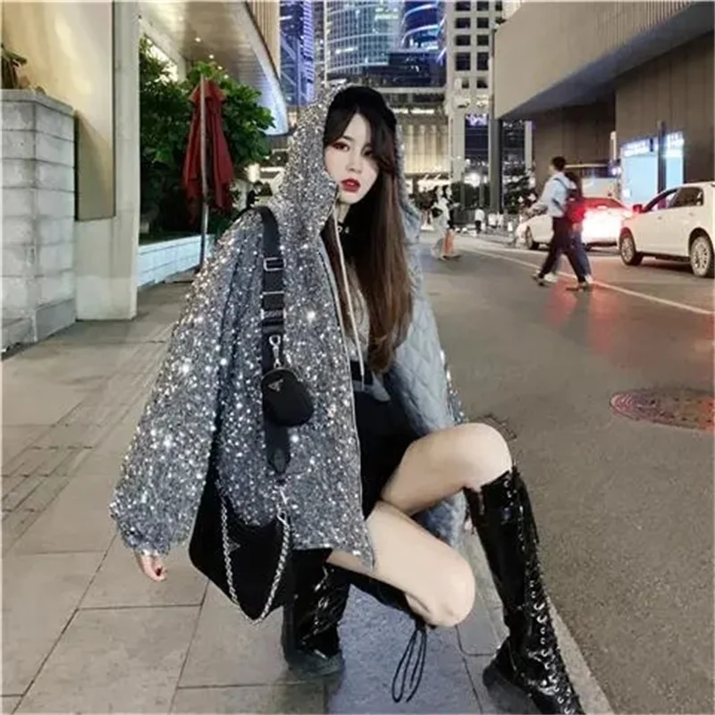 

Sparkling Sequin Starry Sky Hooded Coat for Women Spring 2023 New Korean Version Loose Short Thickened Cotton Coat Tide Commuter