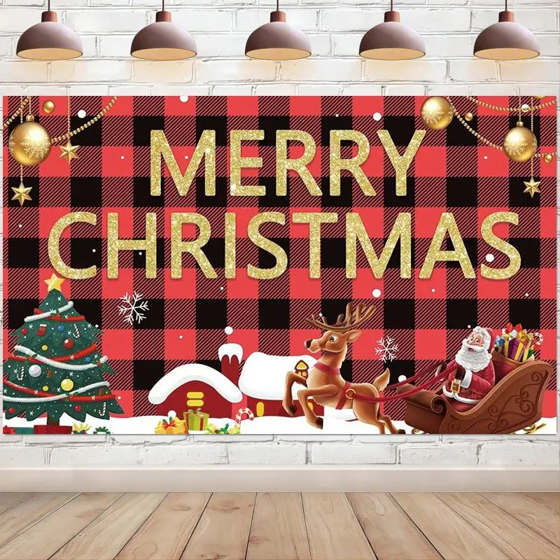 Merry Christmas Backdrop Banner Santa Claus Tree Gift Red and Black Plaid Photography Background Winter Holiday Party Decoration