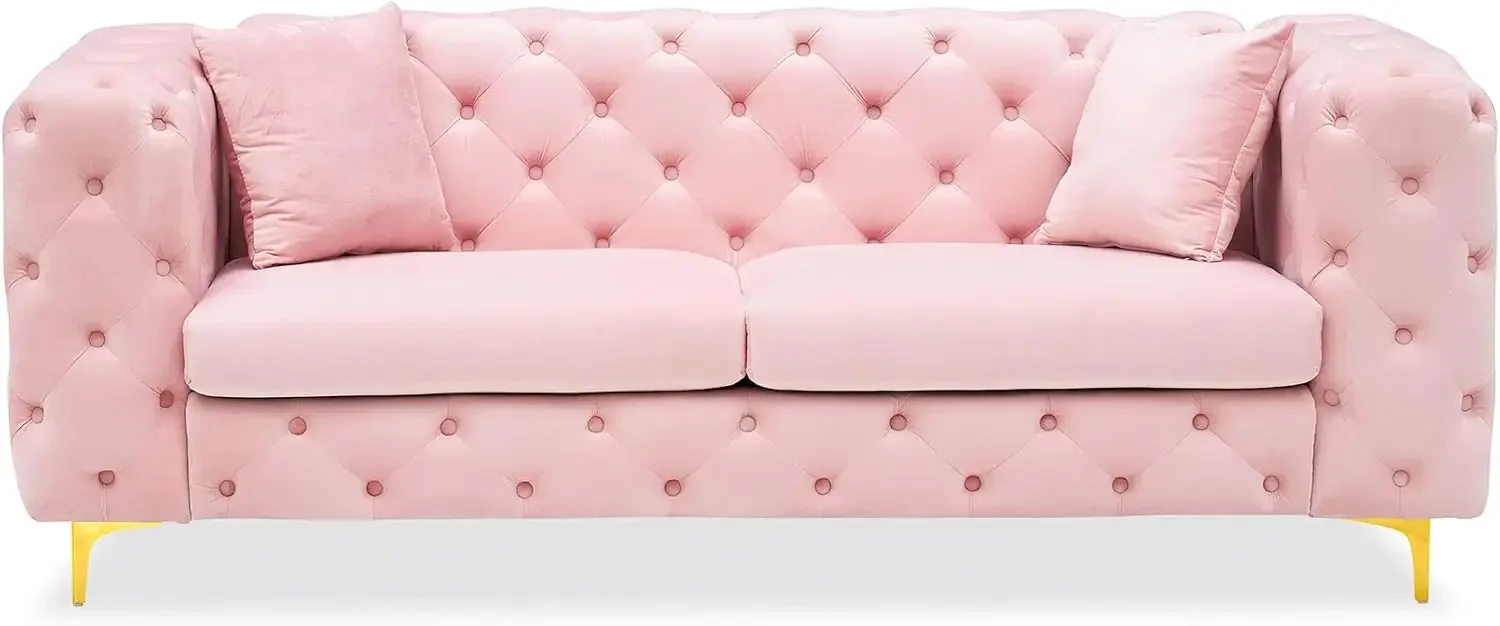 Modern Velvet Sofa for Living Room, 75 Inches Long Tufted Couch, Upholstered Sofa with 2 Pillows Wide Armrest