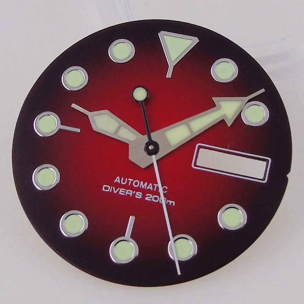 

29mm Nologo Red Watch Dial C3 Luminous Hands For SKX fit NH36 Movement Men Watch Parts Date Week Display 3.8/3.0 Crown