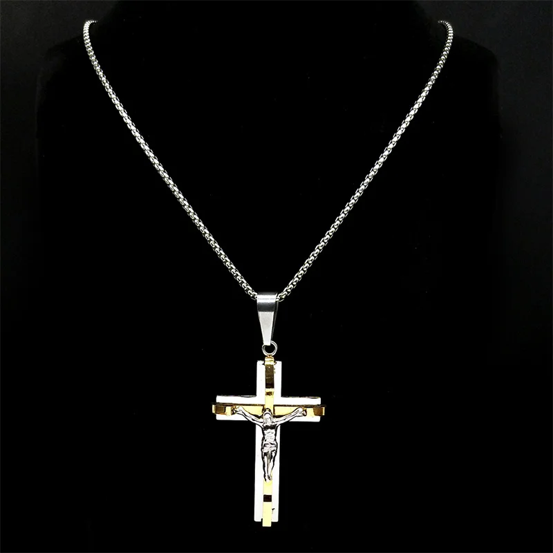 يسوع الصليب الصليب قلادة قلادة للرجال النساء الفولاذ المقاوم للصدأ الذهب والفضة اللون الشرير المسيحية سلسلة تميمة مجوهرات FS