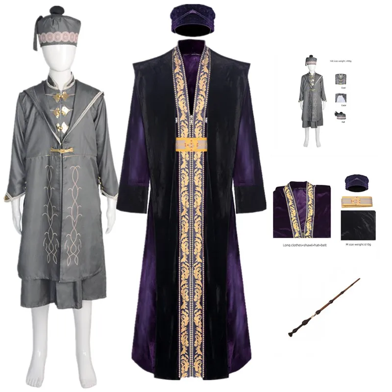 Dumbledoree Cosplay Costume pour hommes et enfants, robe pour garçons, manteau, ceinture, chapeau, baguette magique, tenues d'Halloween, fête de carnaval, déguisement imbibé