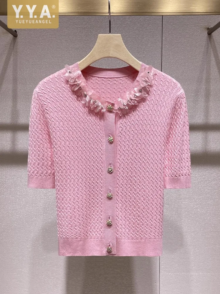 

2025 Summer New Style Females Beading Sweet Knitted T-Shirts Fashion O-Neck Short Sleeve Cardigan Easy Matching Sweater Tees