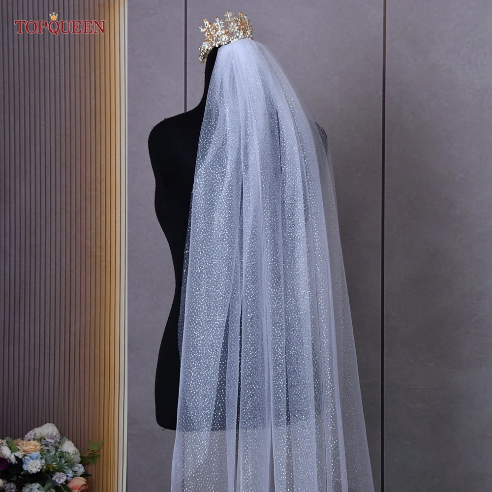 TOPQUEEN V101 Champagner-Glitzer-Hochzeitsschleier, goldener, funkelnder Brautschleier, 1-stufiger Kathedralenlanger Schleier, glitzerndes Braut-Accessoire – Detail 14