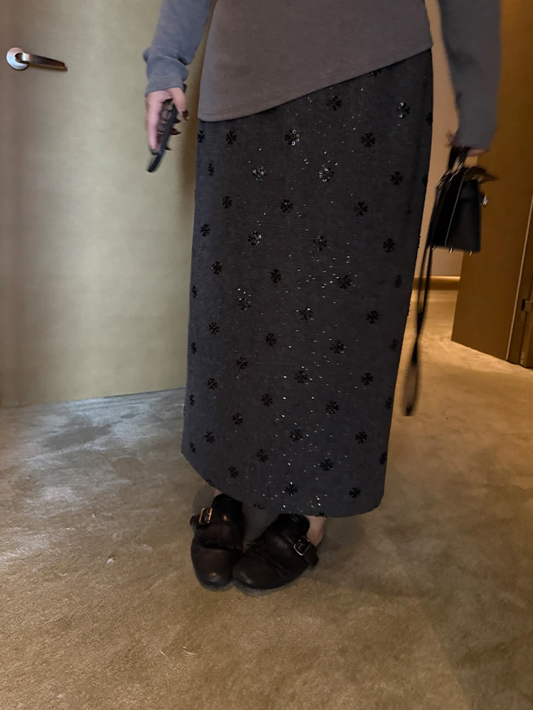 

Heavy Embellied Sequin Fabric Fce High Waist Conceal Meat f Skirt Large Size Women's Commute Simple Sle Long Sve