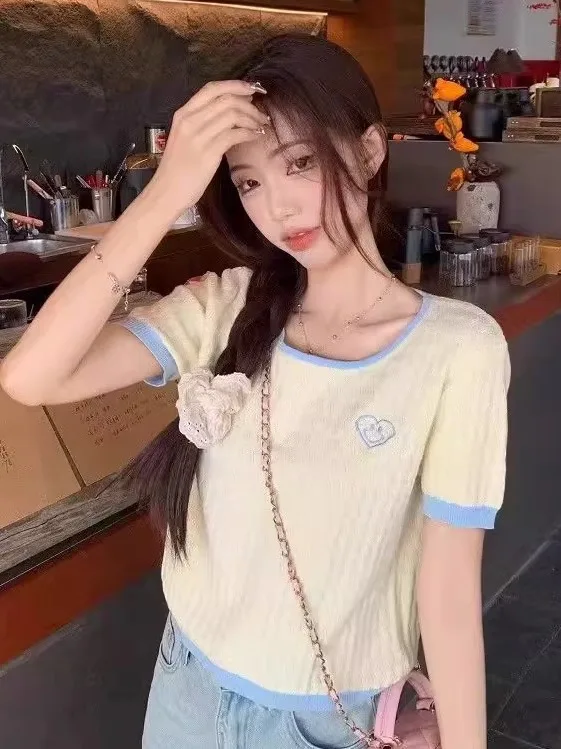 

Korean Style Casual Color Block Heart Smile Short Sleeve Knitted T-Shirt Women Summer Slim Fit Slimming Top Ins Fashion