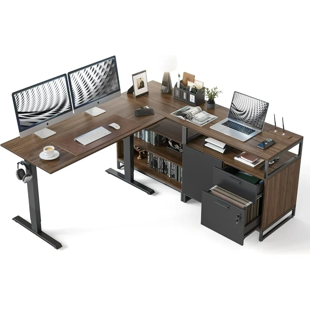 Executive Standing Desk, Electric Height Adjustable Stand Up Desk, Home Office Modern Wood Computer Desk with Shelves