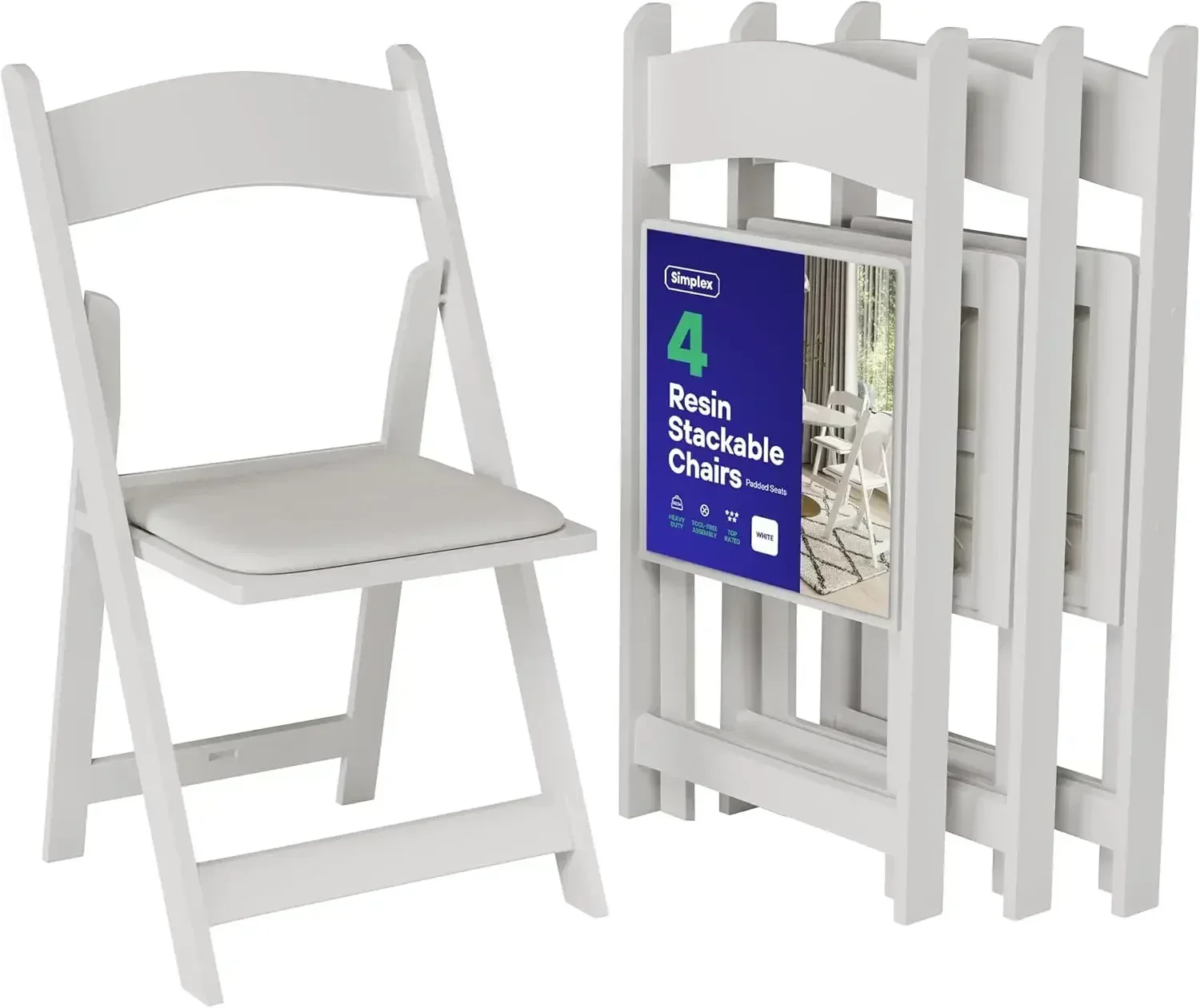

Hot sales[XMSJ]4 White Resin Folding Chairs - Comfortable White Foldable Chair - Stackable Chairs with Padded Seats - Indoor/Out