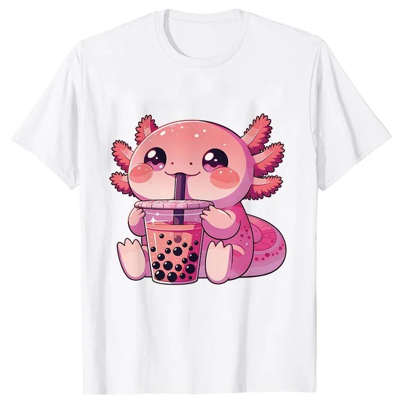 Summer Women Clothing Kawaii Bubble Tea Boba Axolotl Tees Casual Short Sleeved T-shirt Fashion Female Harajuku Graphic Y2k Tops