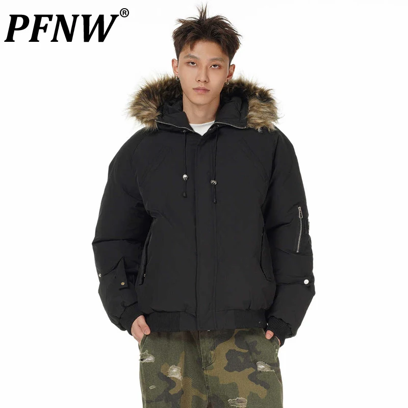 PFNW Winter Hooded Fur Collar Hooded Parkas Cotton-padded Coat Men's Tide Trend Vintage Workwear Quilted Padded  Jacket CPG2191