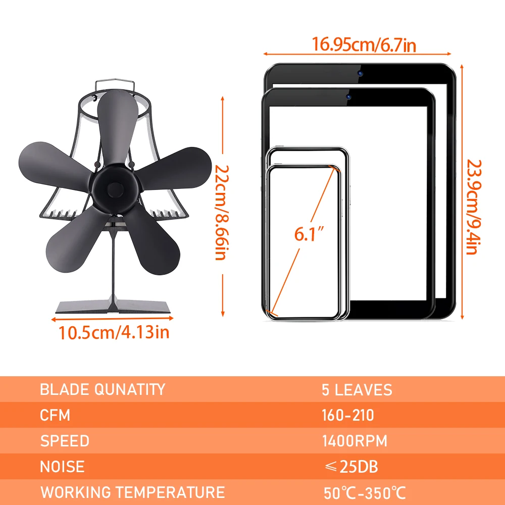 Ventilador negro de 5 aspas para estufa, sistema de ventilado para quemador de leña, Eco, distribución eficiente del calor, silencioso, para el hogar y el invierno