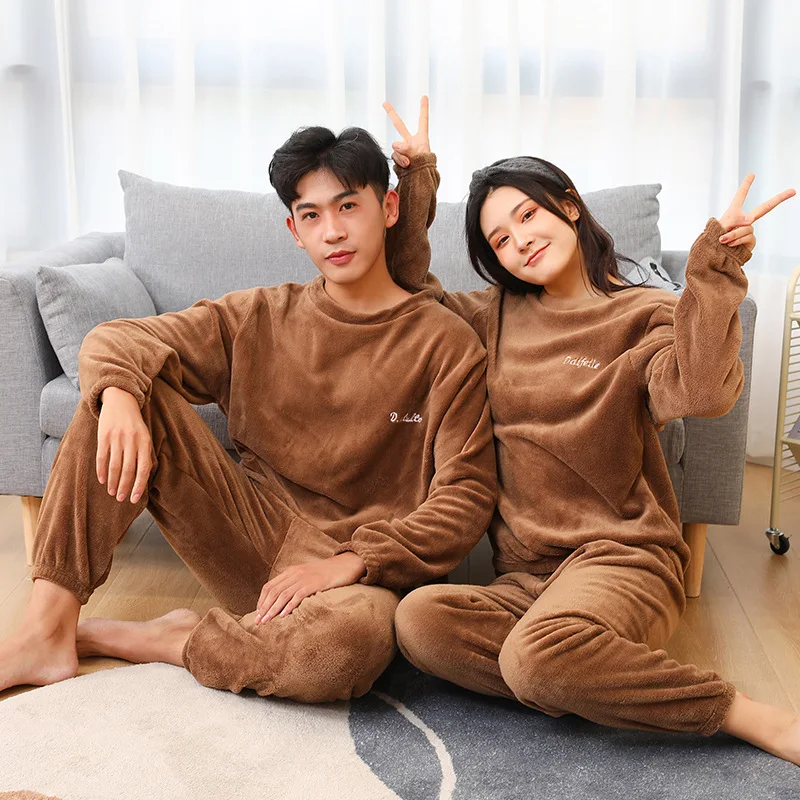 2Pcs/Set Autumn and Winter Coral Fleece Pajamas Thickened  Warm man And women Soft Long Sleeve Long pants Couple Homewear