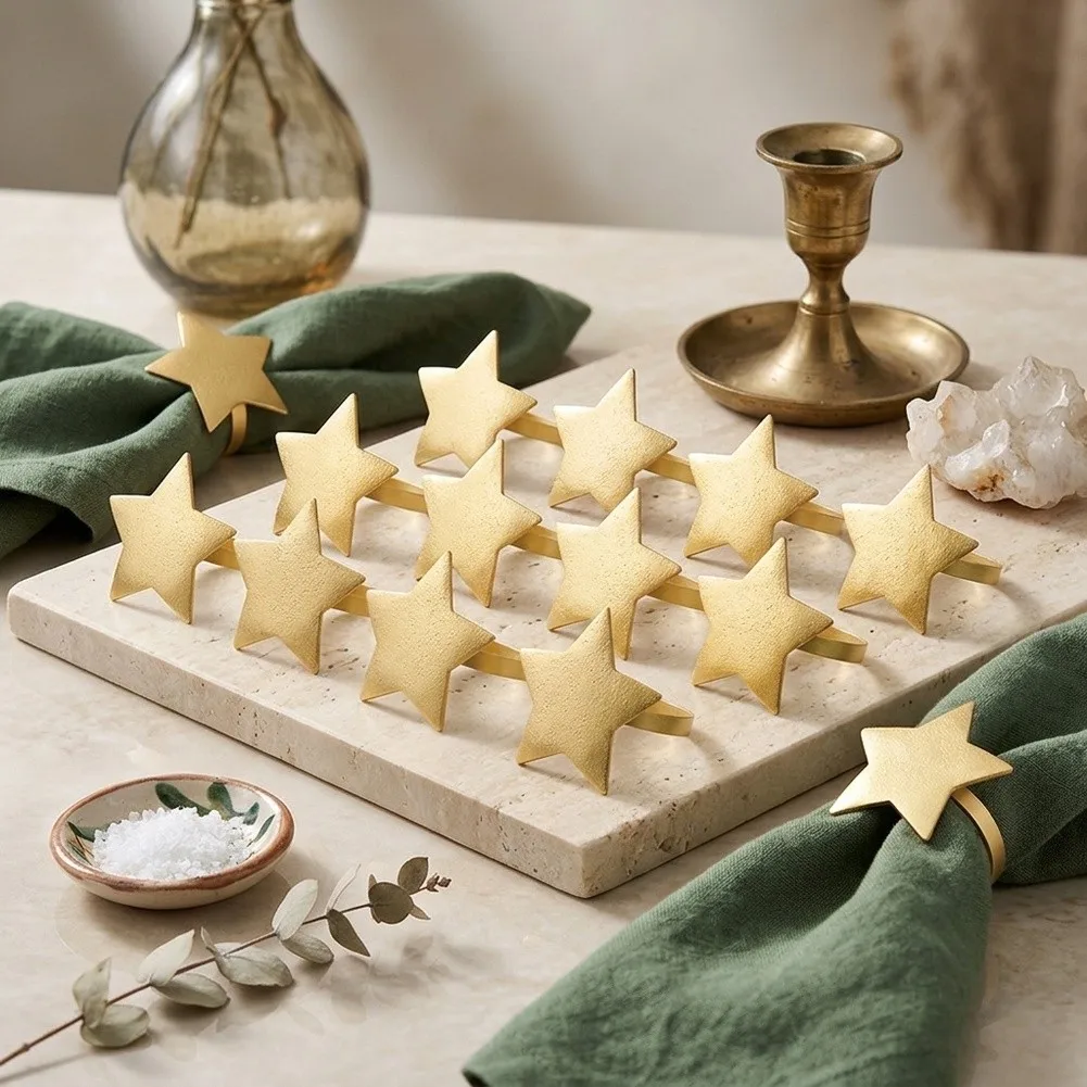 Matte Gold Electroplated Star Napkin Rings Set of 12 Compatible with Home Dining Restaurant Banquet and Party Tablescapes