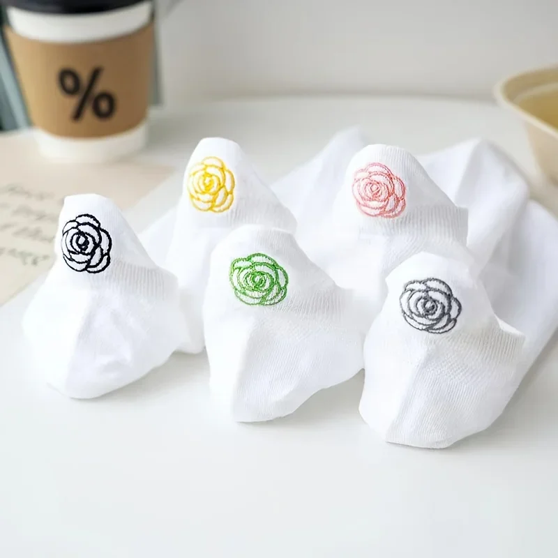 5 Pairs Women's Floral Embroidered Liner Socks, Sweet and Comfortable Women's Socks | Women's Liner Socks / Women's Ankle Socks