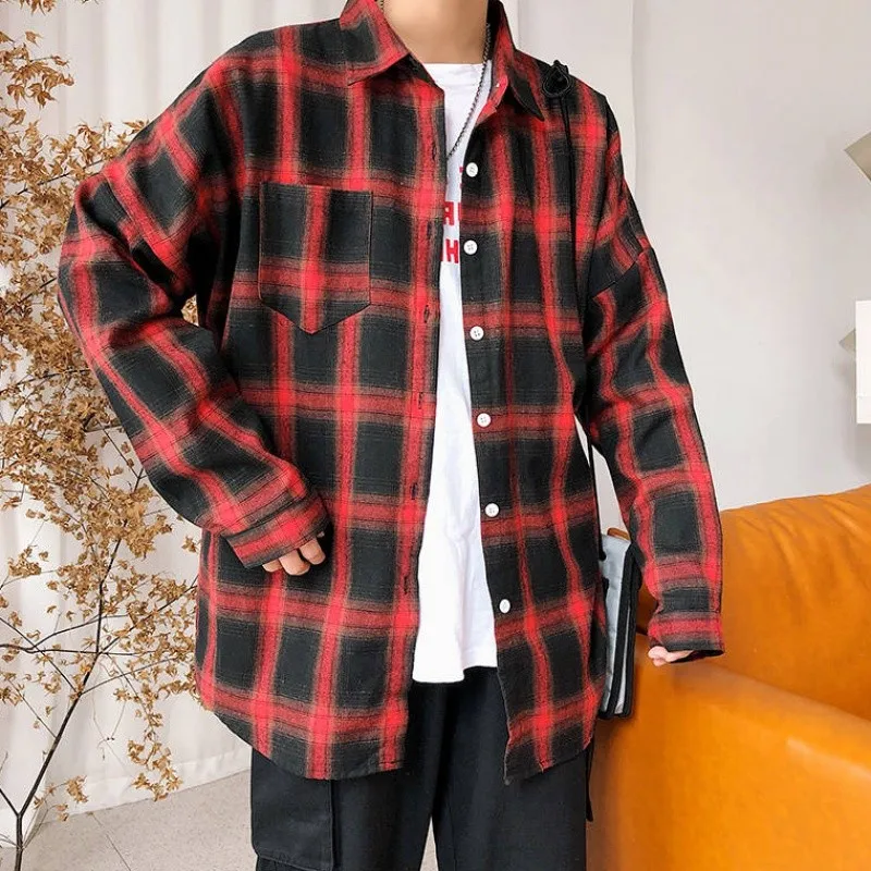 Blus Trendi Pasangan Pelajar Pakaian Luar Pelindung Matahari Gaya Korea Musim Semi Musim Gugur Kasual Kotak-kotak Panjang Pria