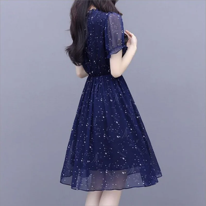 Elegant Ruffles Loose Folds Lace Up Bow Floral Dress Women's Clothing 2024 Summer New Short Sleeve Office Lady Mini Dress