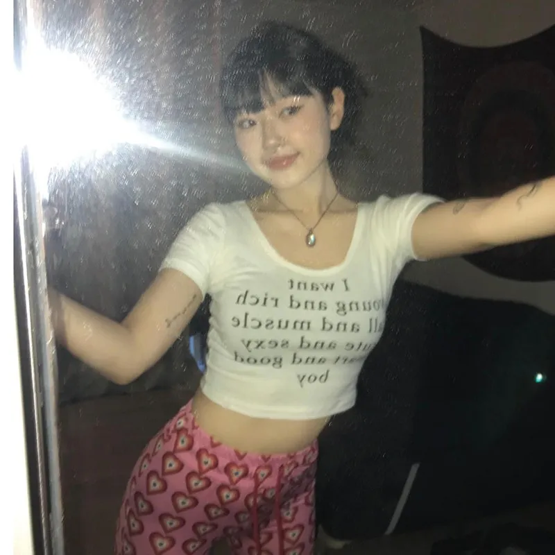 Karrram Korean Fashion Crop Tops Grunge Letter Print T-shirts Kpop Sexy Slim Short Sleeve Tee Shirts Japanese Style Streetwear