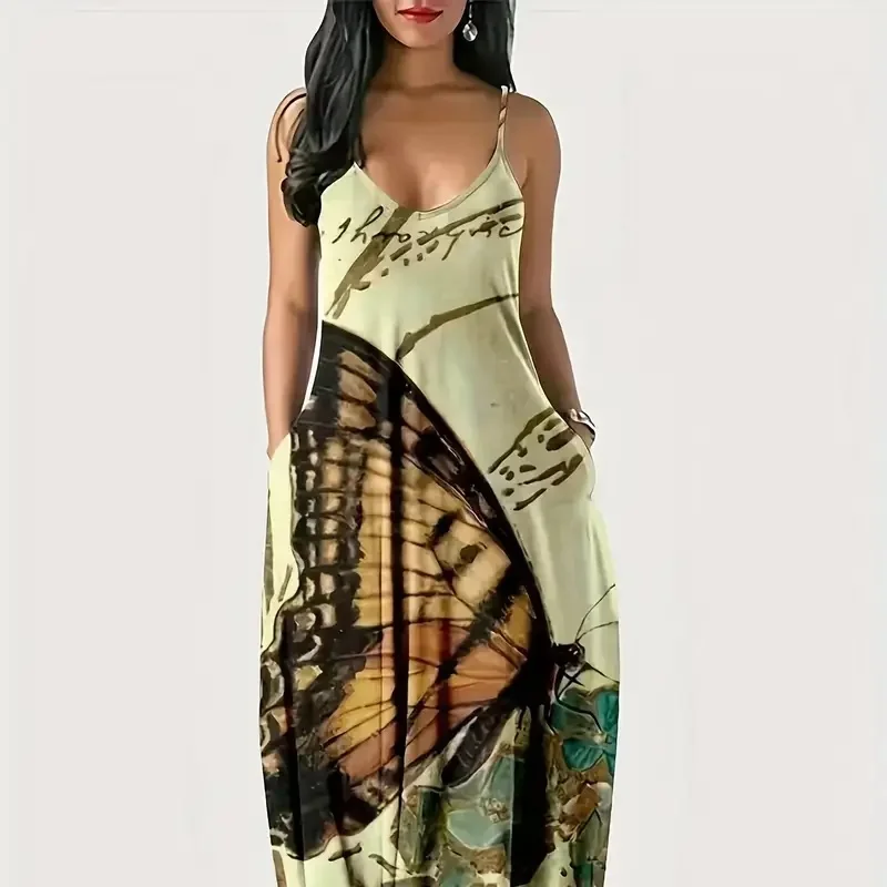 

Summer women's ultra-long dress, casual V-neck sleeveless Bohemian style, thin waist belt 3D pattern, long dress with pockets