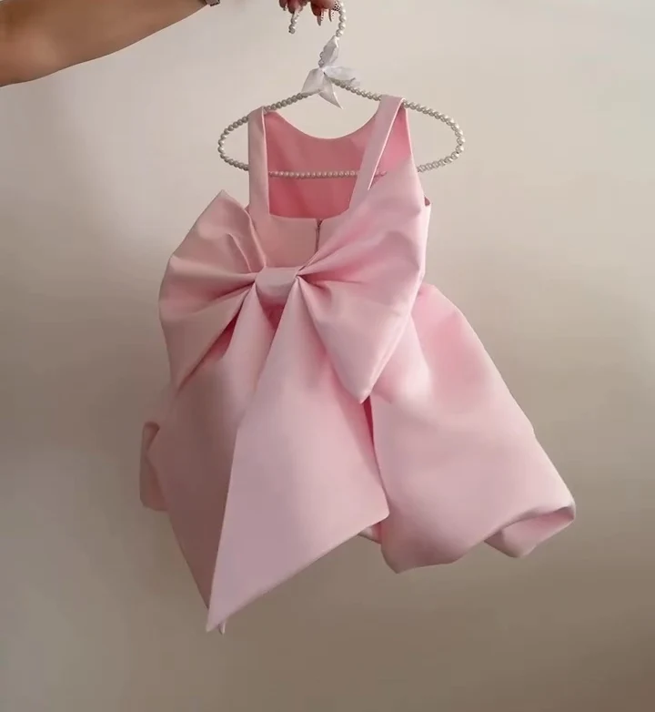 

Pink Satin Simple Flower Girl Dress Big Bows Toddler Birthday Party Gown Kids Wedding Baptism Princess Tutu Dress Communion