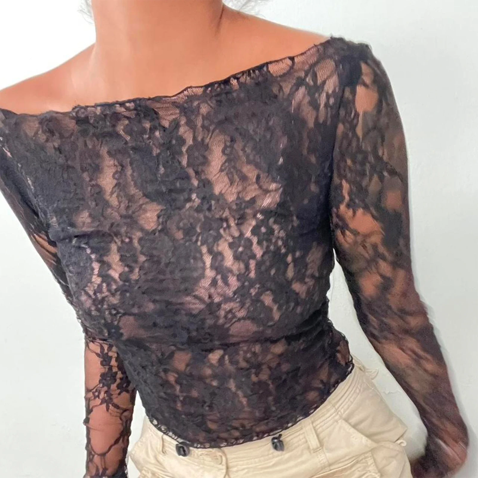 Women\'S Sexy Off-Shoulder Crop Tops See-Through Lace Long Sleeve T-Shirt Casual Pullovers for Club Streetwear