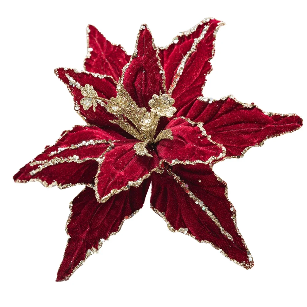 26cm Artificial Christmas Flower Handmade Flannel Simulation Glitter Red Gold Pink Green Flower Xmas 2025 New Year Tree Ornament