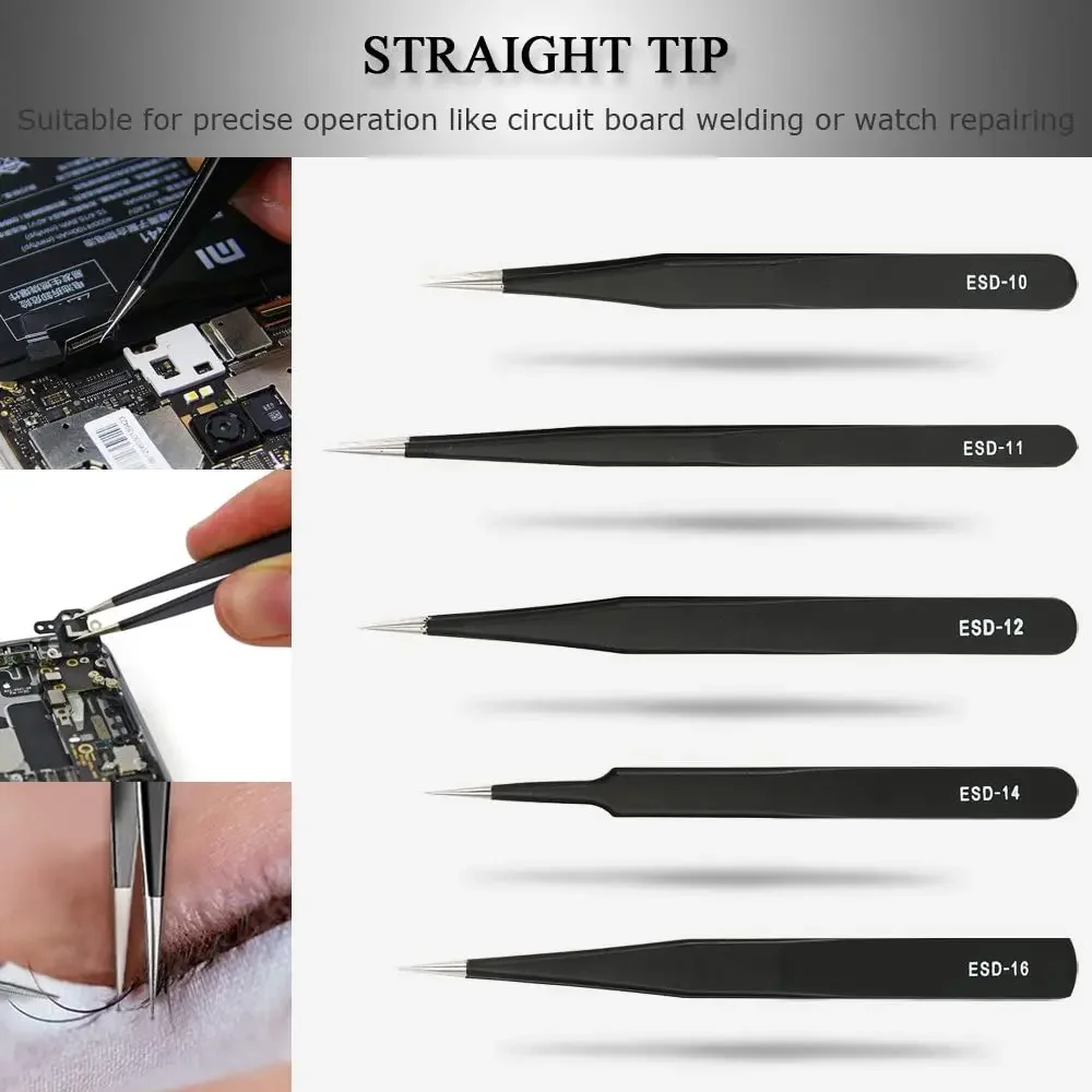 10PCS ESD Tweezers Stainless Steel Precision Anti-Static for Electronics Soldering PCB Craft Industrial Repair image 3