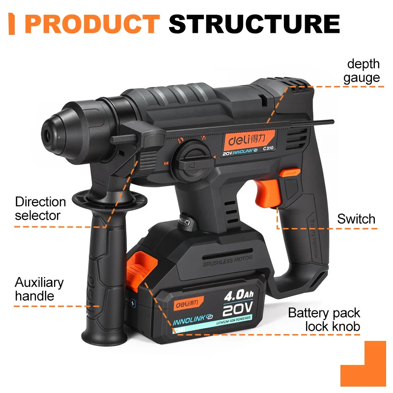DELI 500W Brushless Electric Hammer Drill Portable Cordless Lightweight Impact Drilling Power Tools For 20V Battery