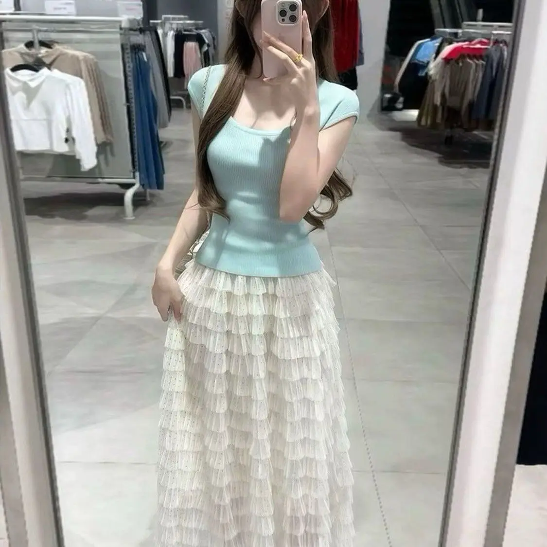 

Sweet And Spicy Polka Dot Mesh Half Skirt Set U-Neck Knitwear Top for Women Casual Anti-Aging Trendy Street Style High Waist ...
