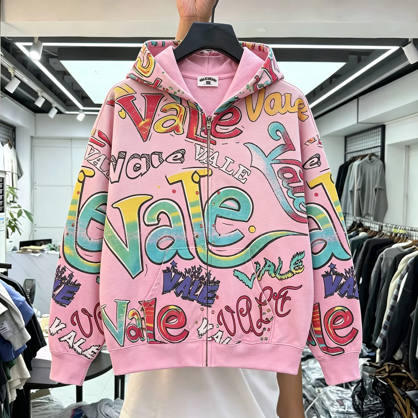 Street Style Graffiti Printed Hooded Zipper Jacket Loose Fit Men's And Women's Washed out Distressed Outerwear Cardigan Sweater