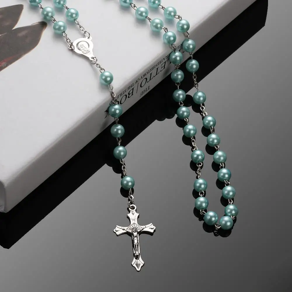 Fashion Crucifix Charm Virgin Mary Pendant Rosary Beads Chain Cross Necklace Jesus
