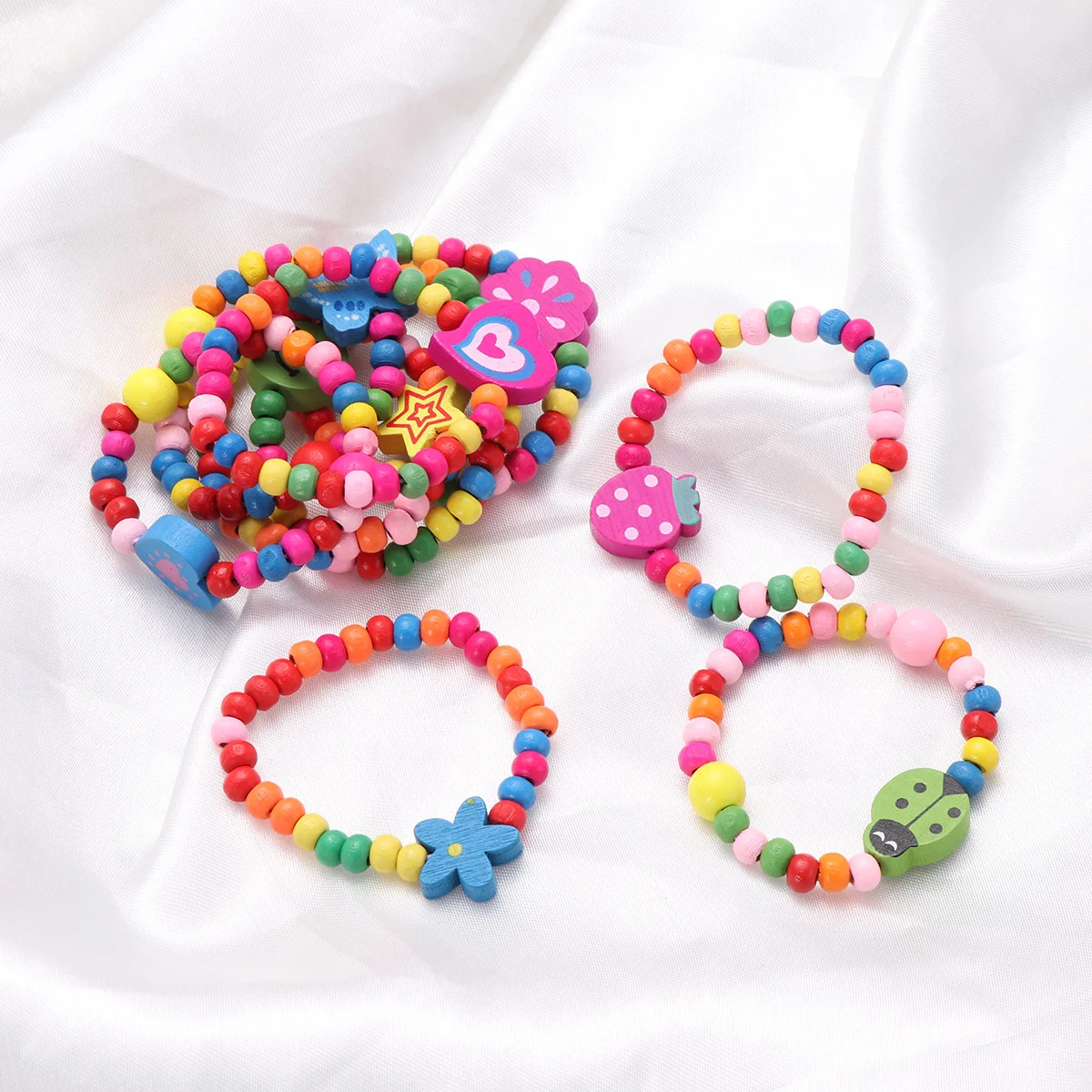 12pcs Natural Wood Kids Elastic Wooden Beads Bracelets Children Girls Party Gift (Random Color and Style)