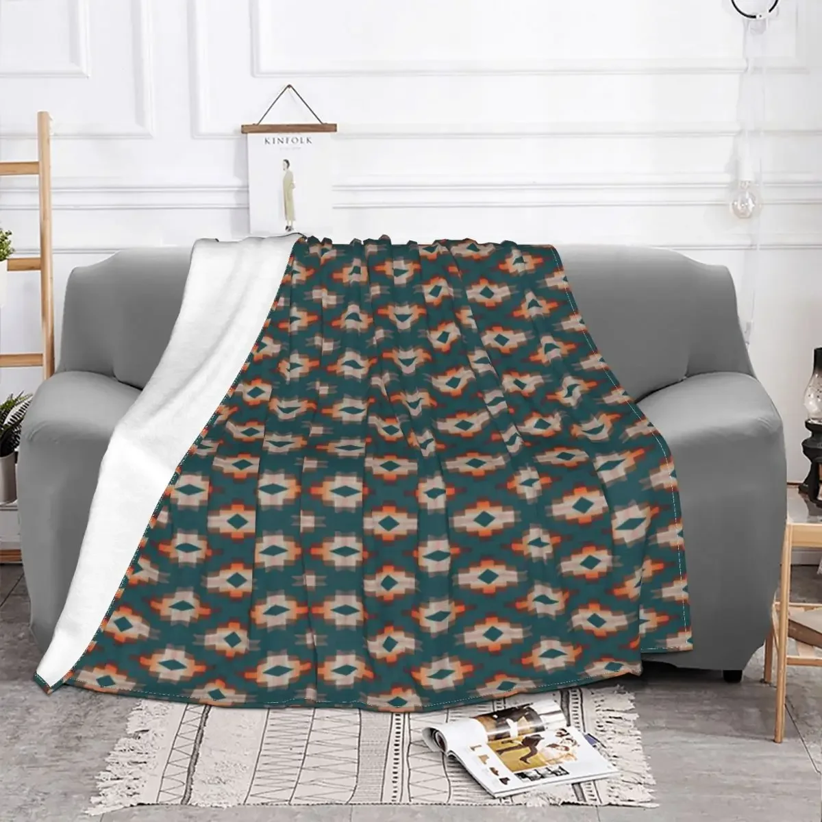 Trendy Teal Blue Orange Dark Brown Gray Tribal Blanket Flannel Decoration Antique Soft Throw Blankets for Bed Plush Thin Quilt