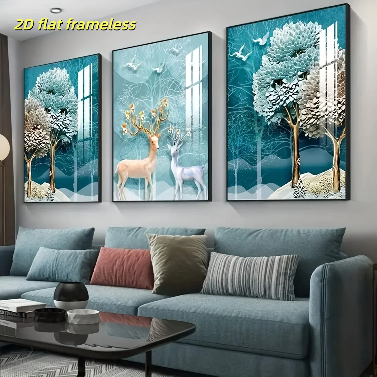 3 modern abstract golden deer leaf wall art canvas posters, suitable for living room, bedroom, and office decoration 2D flat pri