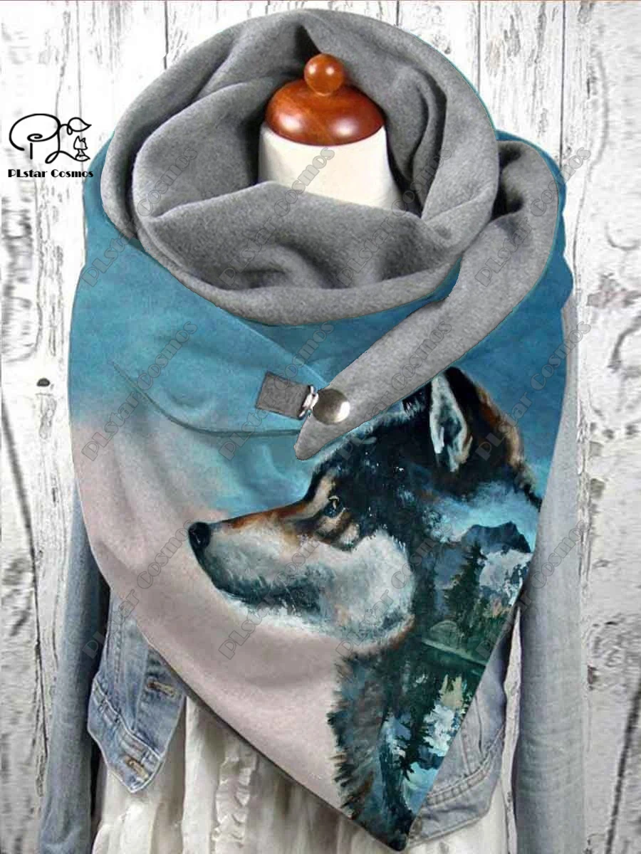 PLstar Cosmos 3D printed animal series cute wolf king pattern printed warm shawl scarf spring and winter large triangle scarf