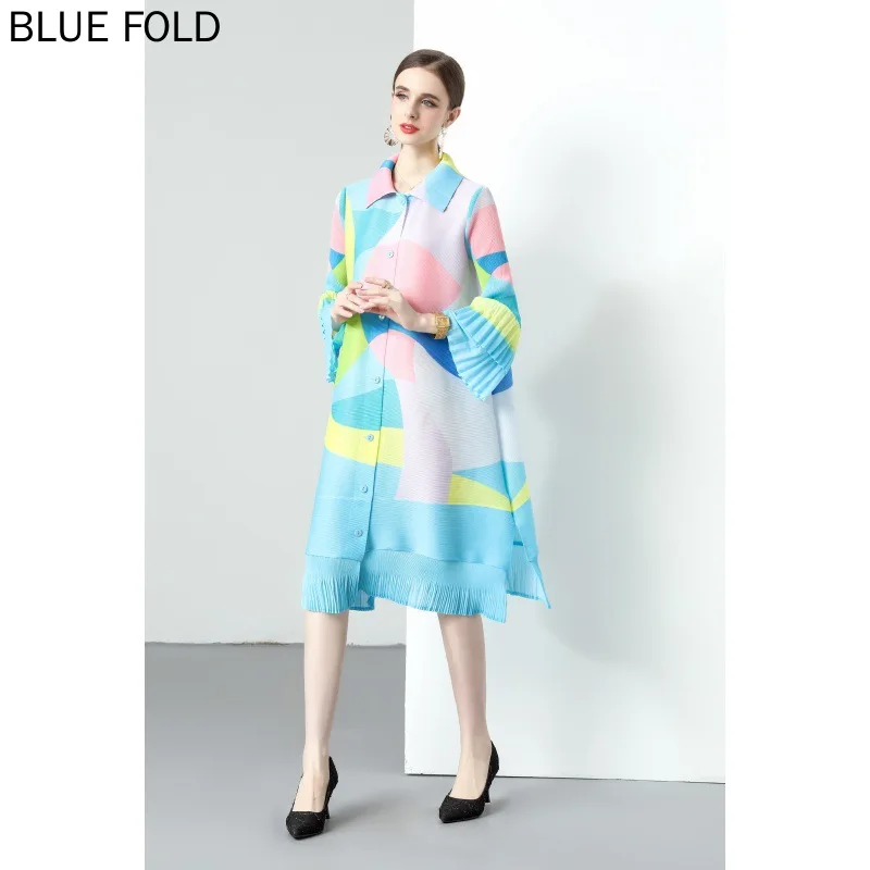 MIYAKE Pleats 2 Colors Optional Spring and Autumn Loose Dress Bell Sleeves Single-breasted Ladies Long-sleeved Dress Elegant