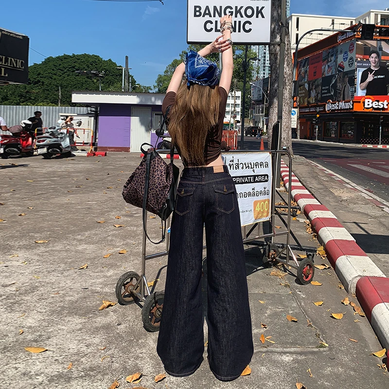 

Women's Vintage Dark Blue Wide Leg Jeans 2026 Summer High Waist Loose Fit Denim Pants Casual Retro Baggy Trousers