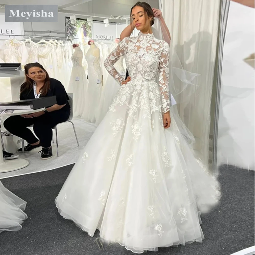 فساتين زفاف عتيقة ZJ9393 مخصصة للمرأة 2025 زفاف برقبة عالية وأكمام طويلة على شكل حرف a مزينة رداء De Mariée