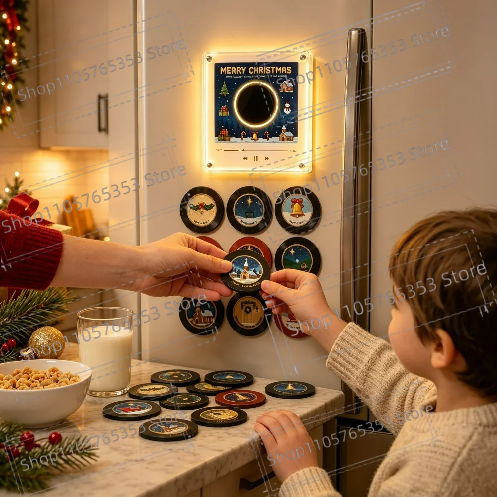 2026 Christmas NFC Magnetic Refrigerator Magnet Rotating Record Night Light,NFC Auto Player with 9 Vinyl Records Home Decoration
