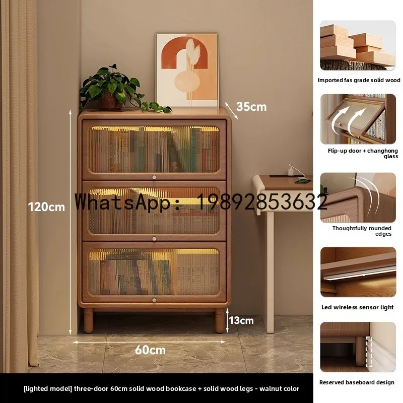 YFY Dustproof Bookcase with Glass Doors Small  Rack Floor-standing American  Style Living Room All Solid Wood Display Cabinet