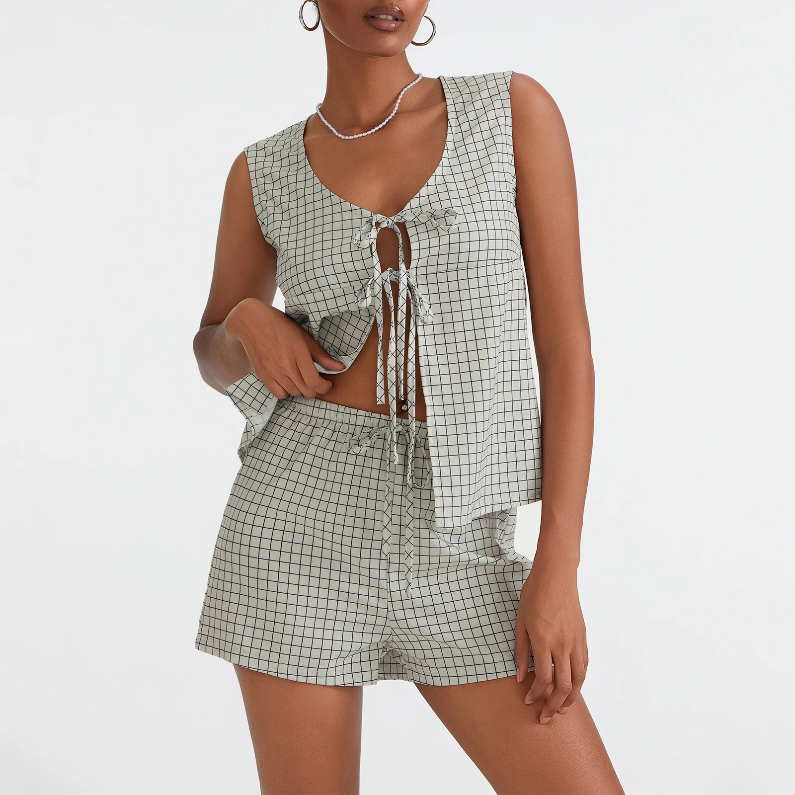 Women Casual Plaid 2Pcs Outfit Sleeveless Tie-up Tank Top with Elastic Waist Shorts Summer Outfit