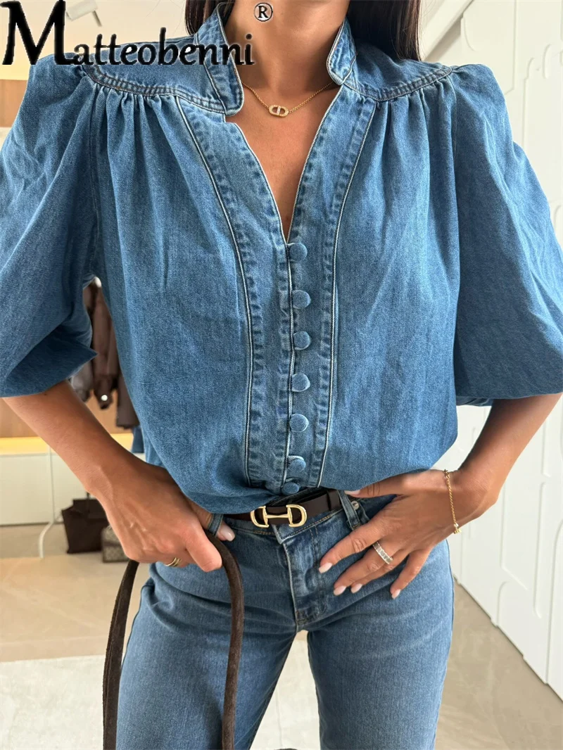 

2025 Spring Autumn Casual Women's Denim Blouse Vintage Lantern Sleeve V-neck Single Breasted Loose Blouse New Fashion Shirts