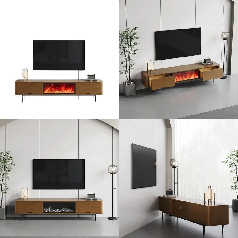 Walnut Retro Style Embedded Fireplace Floor to Ceiling TV Cabinet Simulated Flame Electronic Stove Decorative Floor Cabinet