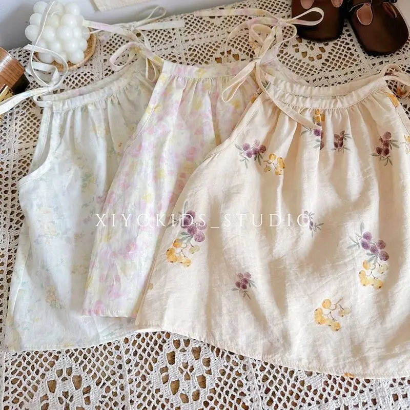 Girls Cute Summer Camisole Forest Style Sleeveless with Straps New Style Summer Clothes for Small and Medium Sized Children