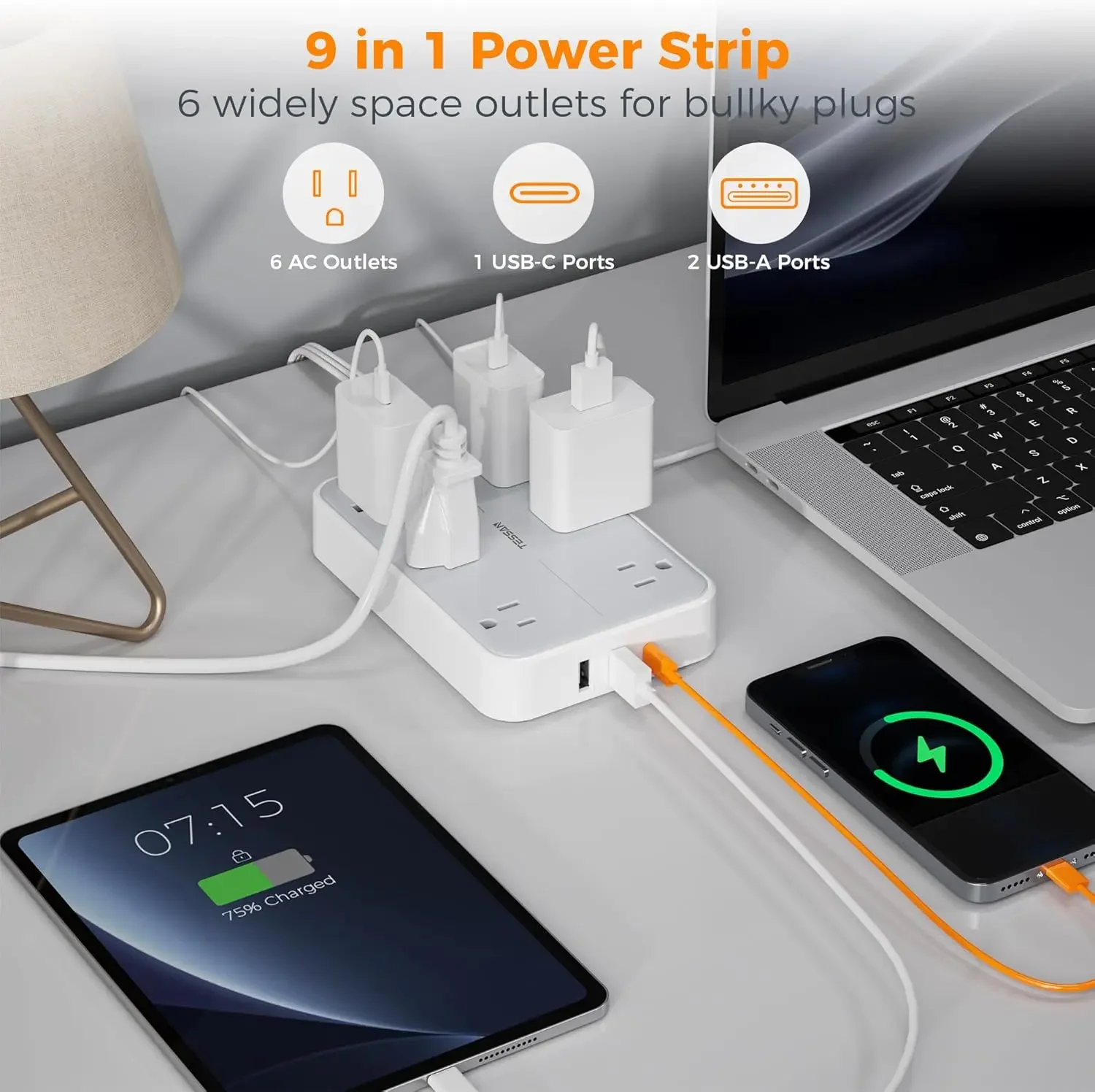 TESSAN Multiple Plug Power Strip with 6 AC Outlets and 3 USB 10FT Flat Extension Charger with Surge Protection for Home Office