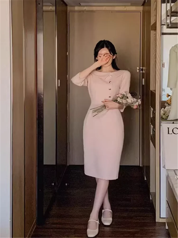 ブラックピンク エレガント レディース 七分袖 スリム ストレート ミディ丈ワンピース 秋新作 セレブ風 ドールカラー ボディコン ワークドレス